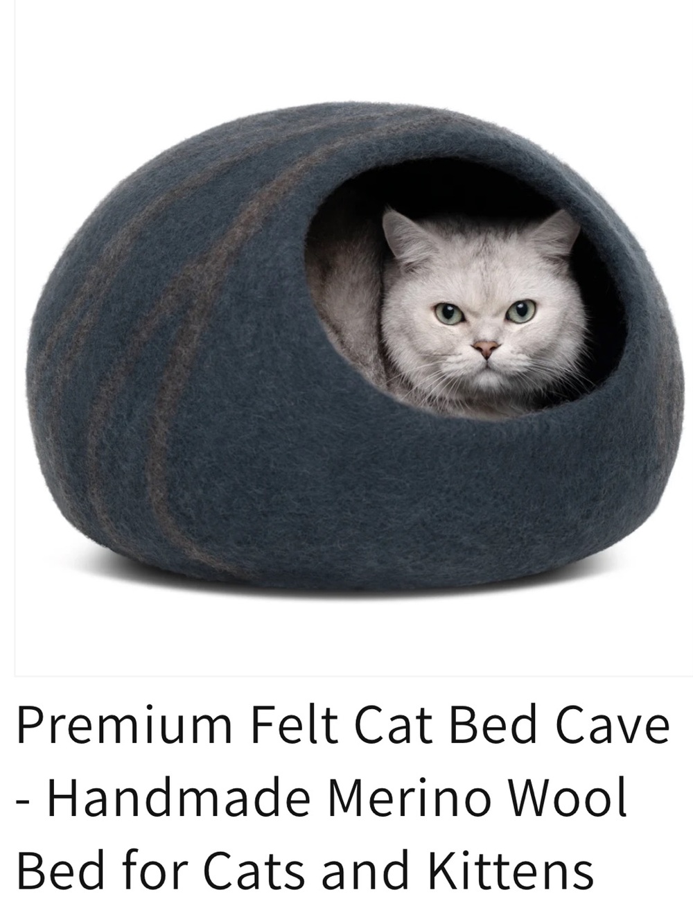 Meowfia Premium Handmade Merino Wool Gray Felt Cat Bed Cave